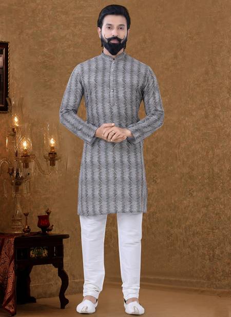Gray Colour New Printed Ethnic Wear Cotton Mens Kurta Pajama Collection KS 1549